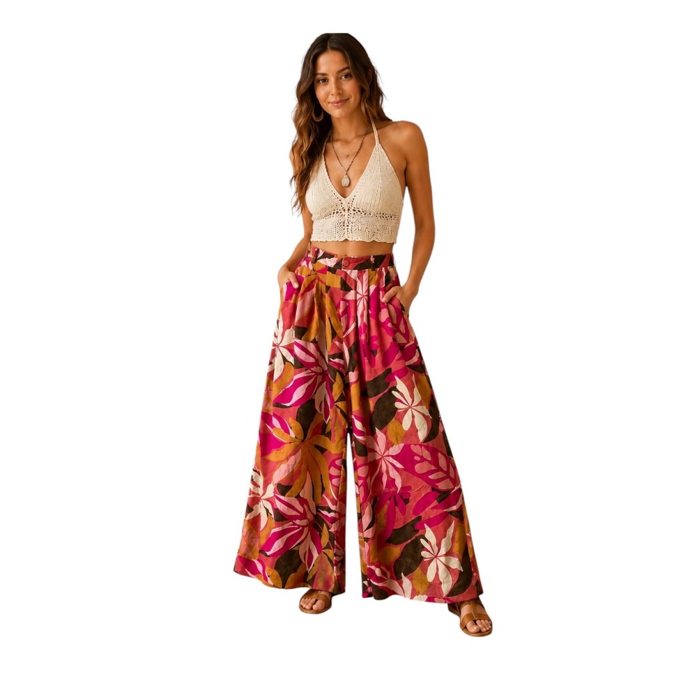 En Creme Pink‎ Tropical Floral Wide Leg High Rise Pleated Pants  S
